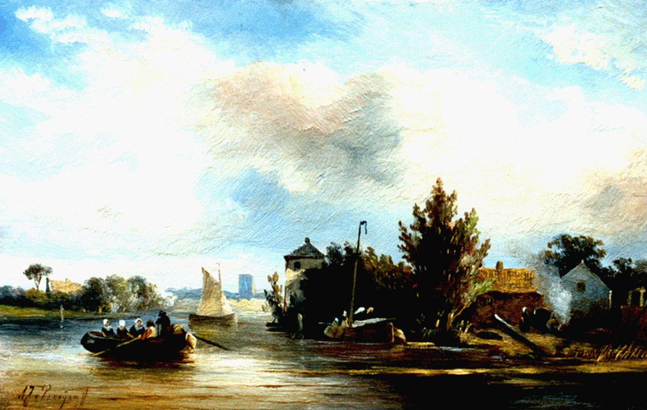 Prooijen A.J. van | Albert Jurardus van Prooijen, Zomers rivierlandschap met overzetveer, olieverf op paneel 17,7 x 27,6 cm, gesigneerd linksonder Prooijen A.J. van | Albert Jurardus van Prooijen, Zomers rivierlandschap met overzetveer, olieverf op paneel 17,7 x 27,6 cm, gesigneerd linksonder