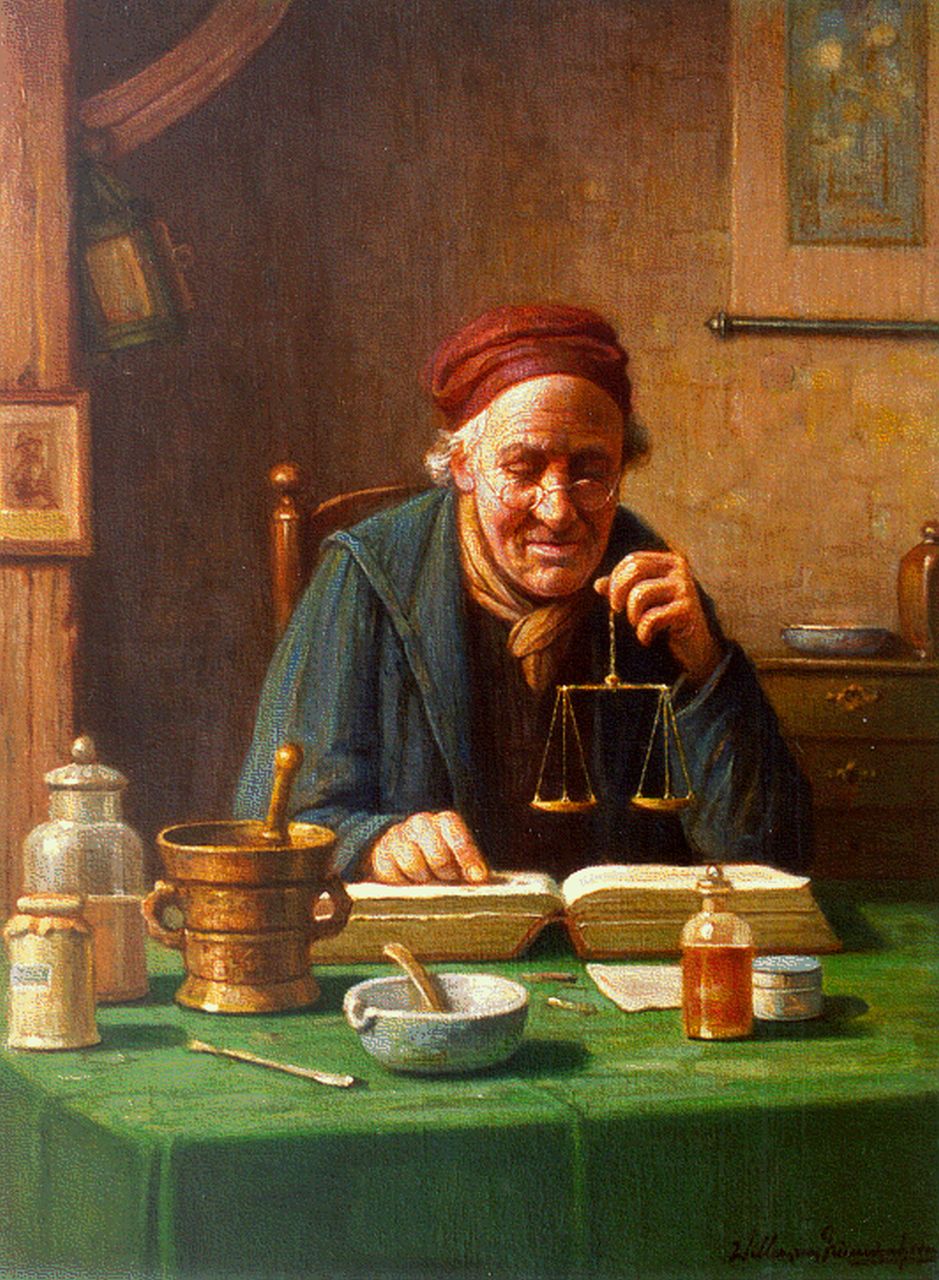 Nieuwenhoven W. van | Willem van Nieuwenhoven, De apotheker, olieverf op doek 40,3 x 30,2 cm, gesigneerd rechtsonder Nieuwenhoven W. van | Willem van Nieuwenhoven, De apotheker, olieverf op doek 40,3 x 30,2 cm, gesigneerd rechtsonder