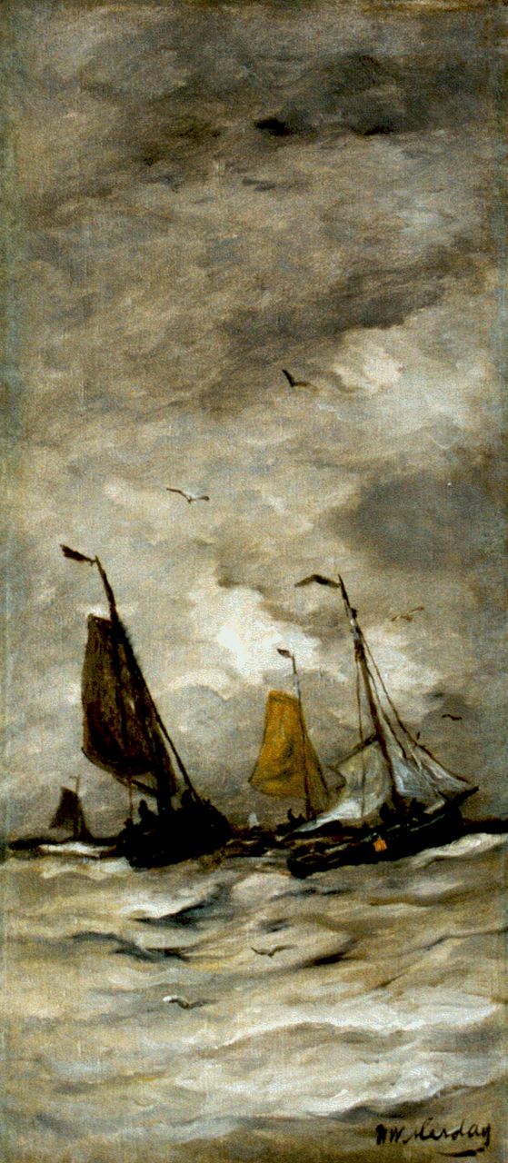 Mesdag H.W. | Hendrik Willem Mesdag, Vissersschepen op volle zee, olieverf op doek 66,3 x 29,1 cm, gesigneerd rechtsonder Mesdag H.W. | Hendrik Willem Mesdag, Vissersschepen op volle zee, olieverf op doek 66,3 x 29,1 cm, gesigneerd rechtsonder