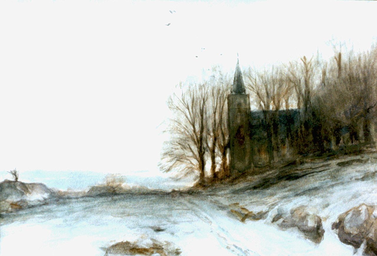 Apol L.F.H. | Lodewijk Franciscus Hendrik 'Louis' Apol, Kerk in een winterlandschap, aquarel op papier 24,0 x 34,5 cm, gesigneerd linksonder Apol L.F.H. | Lodewijk Franciscus Hendrik 'Louis' Apol, Kerk in een winterlandschap, aquarel op papier 24,0 x 34,5 cm, gesigneerd linksonder