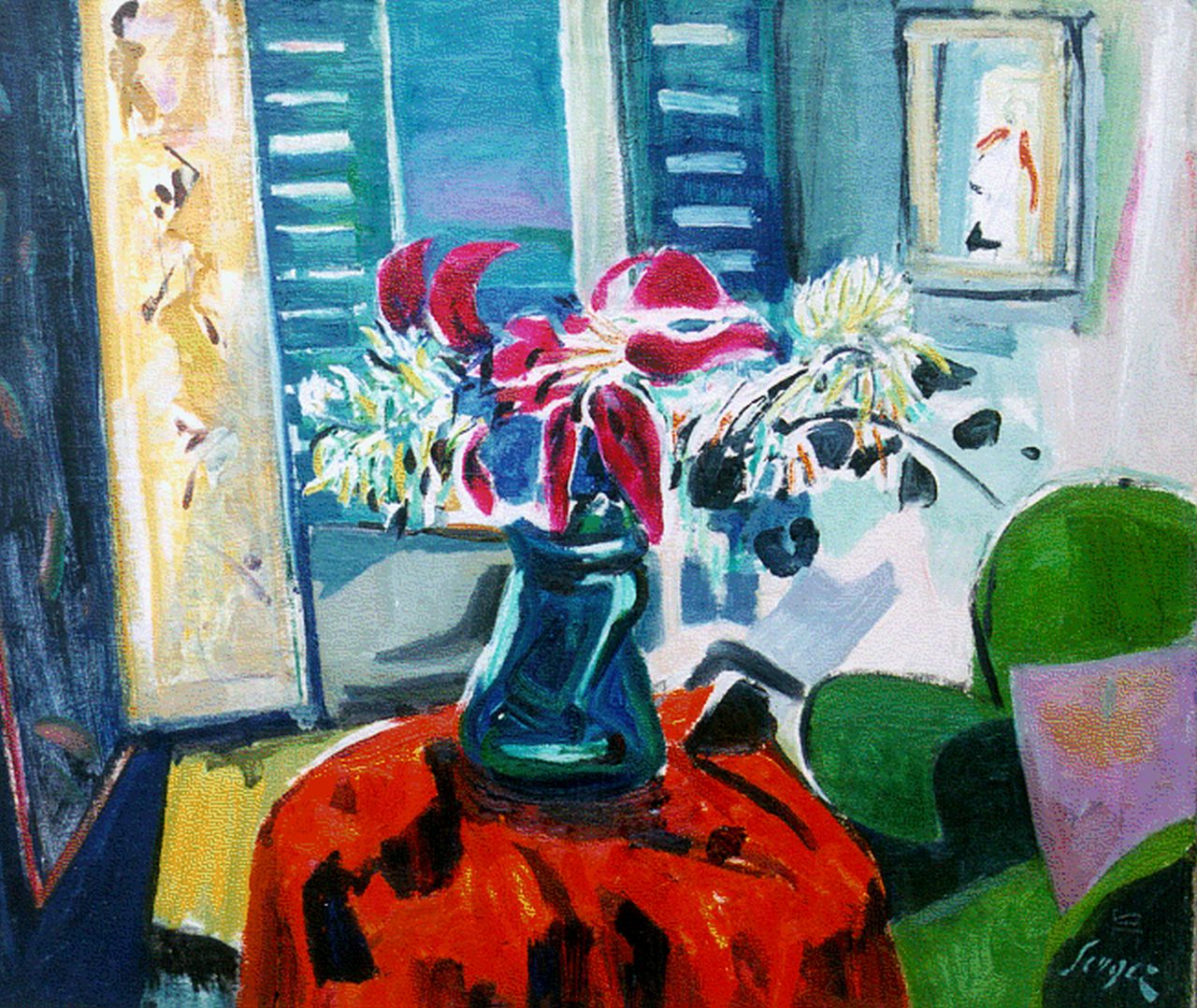 Serger F.B. | Frederick Bedrich Serger, Boeket in een interieur, olieverf op doek 53,7 x 63,8 cm, gesigneerd rechtsonder en te dateren 1956 Serger F.B. | Frederick Bedrich Serger, Boeket in een interieur, olieverf op doek 53,7 x 63,8 cm, gesigneerd rechtsonder en te dateren 1956