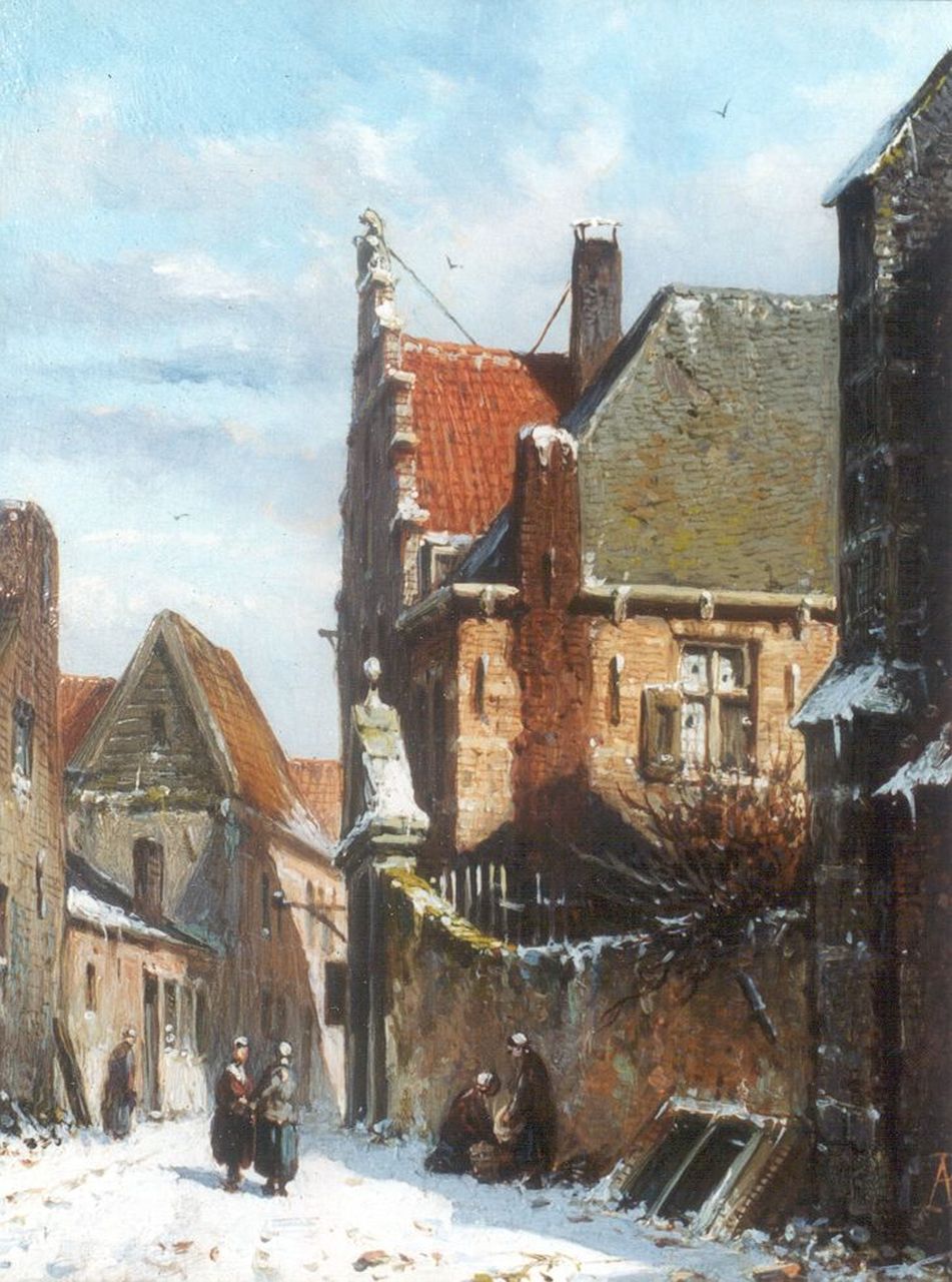 Eversen A.  | Adrianus Eversen, Oud-Hollands straatje op een zonnige winterdag pendant van inv.nr. 7313, olieverf op paneel 19,1 x 14,7 cm, gesigneerd rechtsonder met monogram