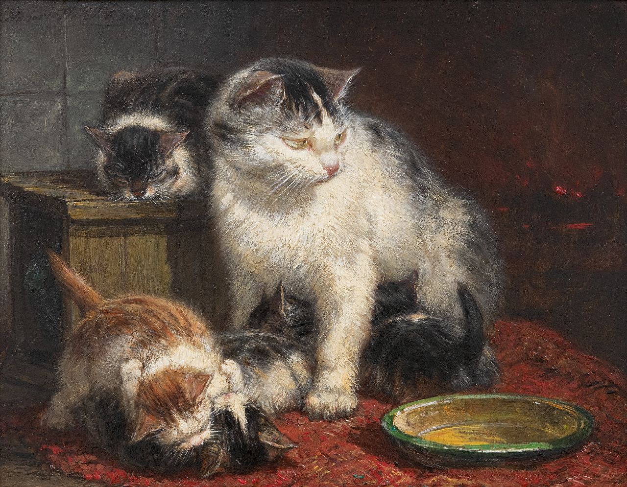 Ronner-Knip H.  | Henriette Ronner-Knip, Moederpoes met haar vijf jongen, olieverf op paneel 16,1 x 20,3 cm, gesigneerd linksboven
