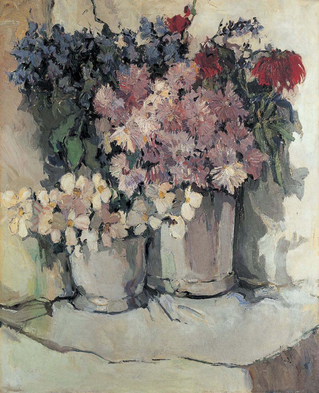 Ket D.H.  | Dirk Hendrik 'Dick' Ket, Stilleven van twee emmers met bonte bloemen, olieverf op doek 100,1 x 81,0 cm, gesigneerd rechtsonder en gedateerd '25