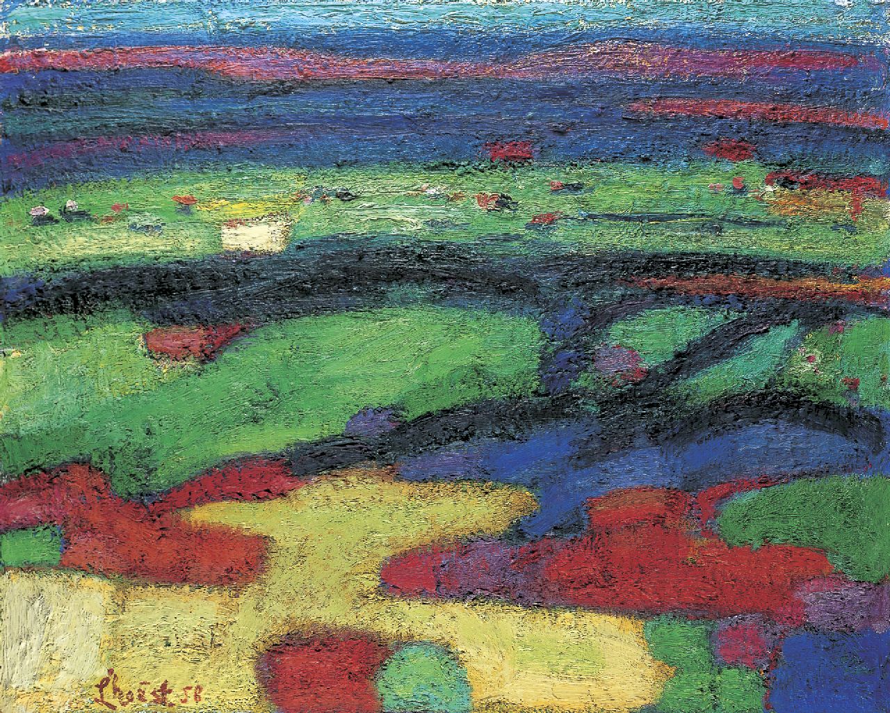 L'Hoëst E.  | Engelbert L'Hoëst, Avondlandschap, gemengde techniek op doek 80,0 x 100,0 cm, gesigneerd linksonder en gedateerd '58