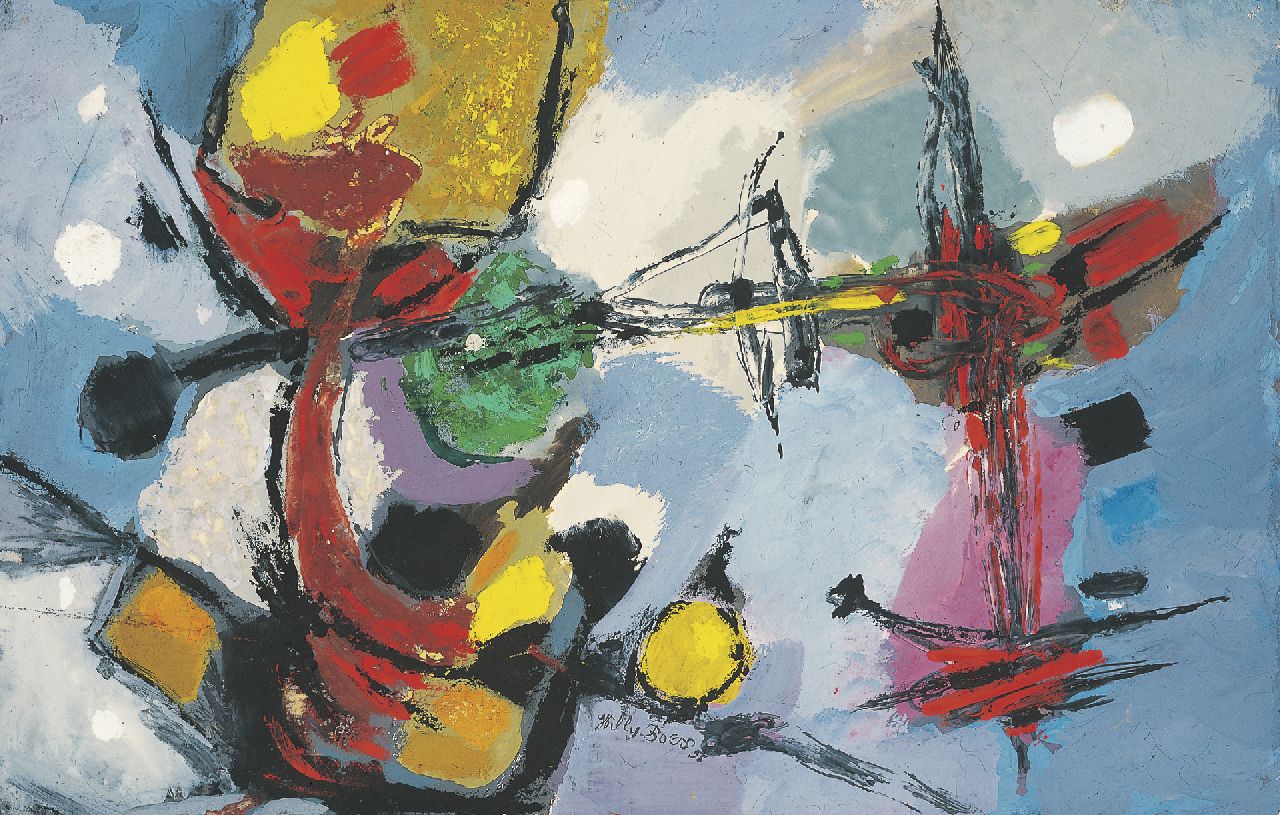 Boers W.H.F. | 'Willy' Herman Friederich Boers, Zonder titel, gouache op papier 31,5 x 49,0 cm, gesigneerd middenonder + verso en recto en verso gedateerd '55 Boers W.H.F. | 'Willy' Herman Friederich Boers, Zonder titel, gouache op papier 31,5 x 49,0 cm, gesigneerd middenonder + verso en recto en verso gedateerd '55