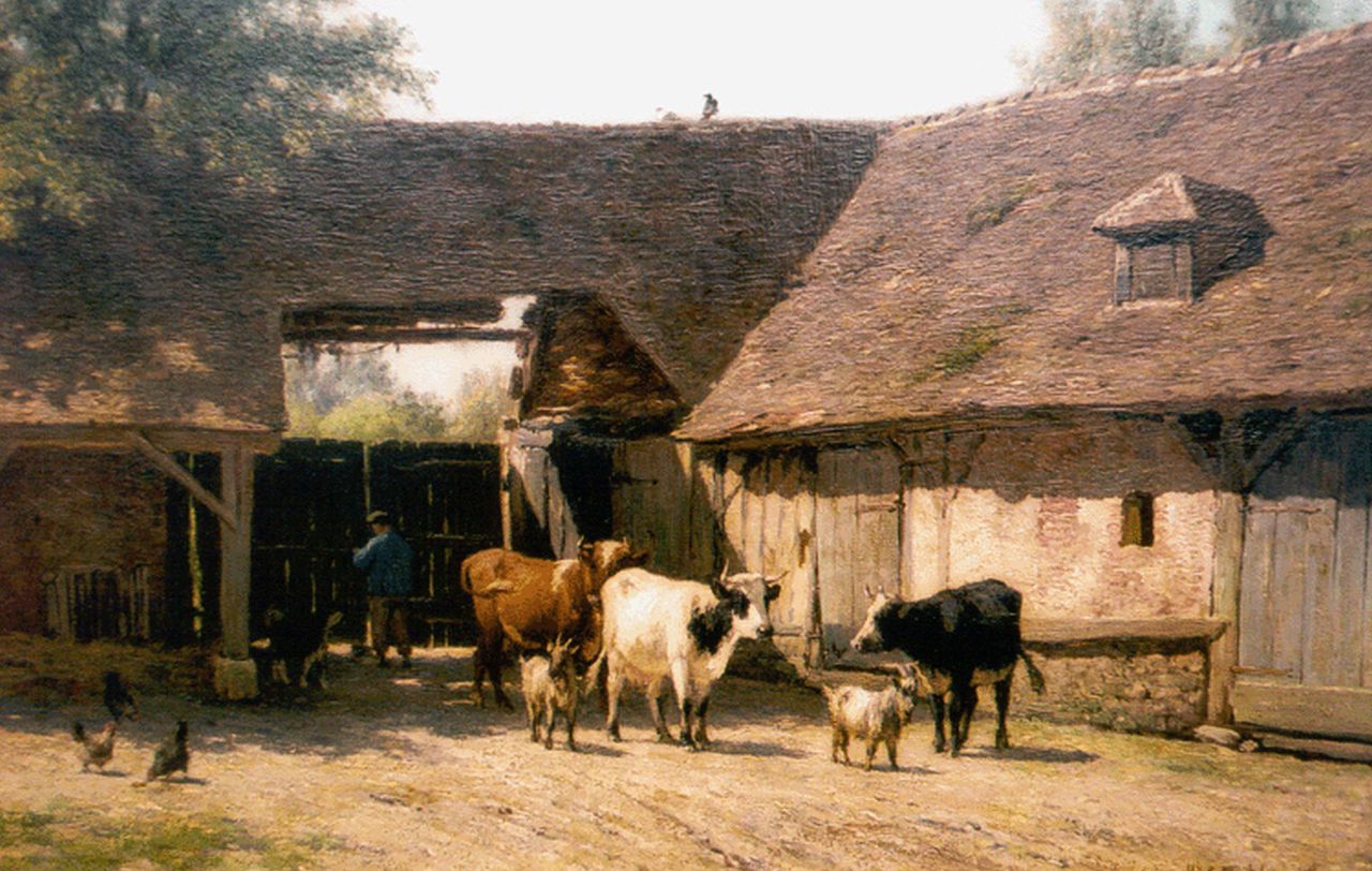 Nakken W.K. | Willem Karel 'W.C.' Nakken, Boerenhoeve met vee, olieverf op doek op schildersboard 35,0 x 54,9 cm, gesigneerd rechtsonder Nakken W.K. | Willem Karel 'W.C.' Nakken, Boerenhoeve met vee, olieverf op doek op schildersboard 35,0 x 54,9 cm, gesigneerd rechtsonder