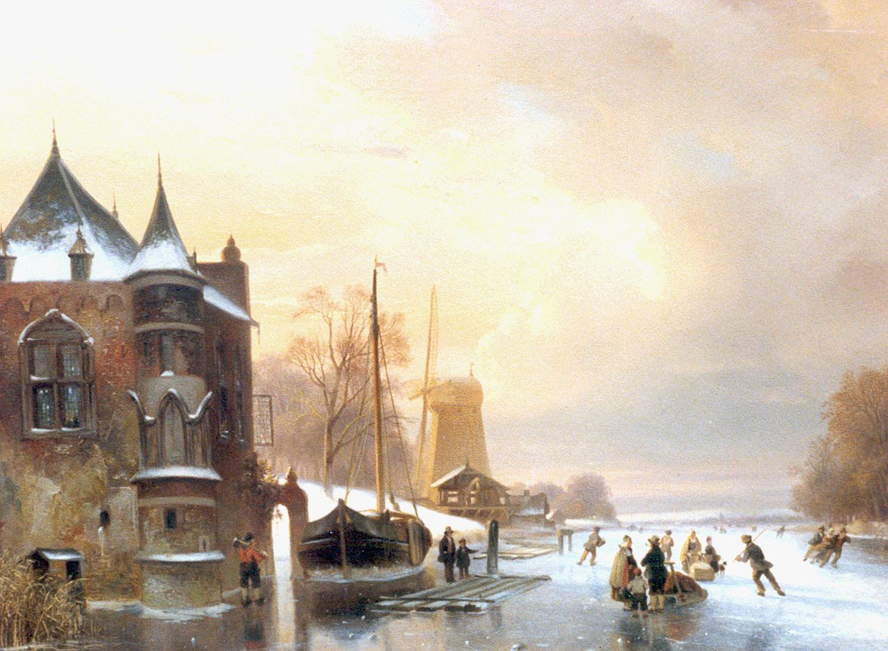 Roosenboom N.J. | Nicolaas Johannes Roosenboom, IJsvermaak bij avondschemer, olieverf op paneel 49,5 x 63,0 cm, gesigneerd linksonder Roosenboom N.J. | Nicolaas Johannes Roosenboom, IJsvermaak bij avondschemer, olieverf op paneel 49,5 x 63,0 cm, gesigneerd linksonder