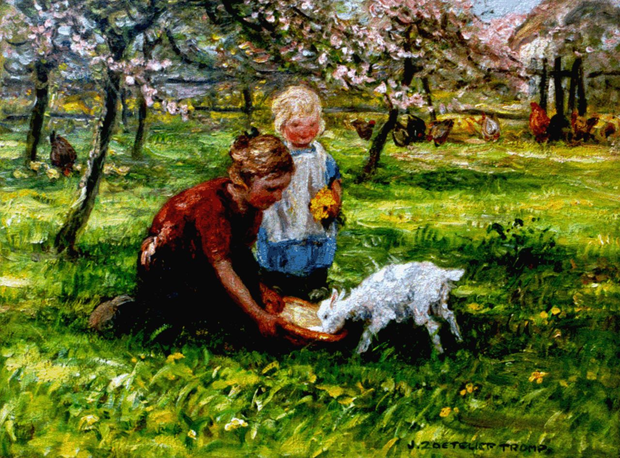 Zoetelief Tromp J.  | Johannes 'Jan' Zoetelief Tromp, Voorjaar op de boerderij in Blaricum, olieverf op doek 30,0 x 40,0 cm, gesigneerd rechtsonder + verso