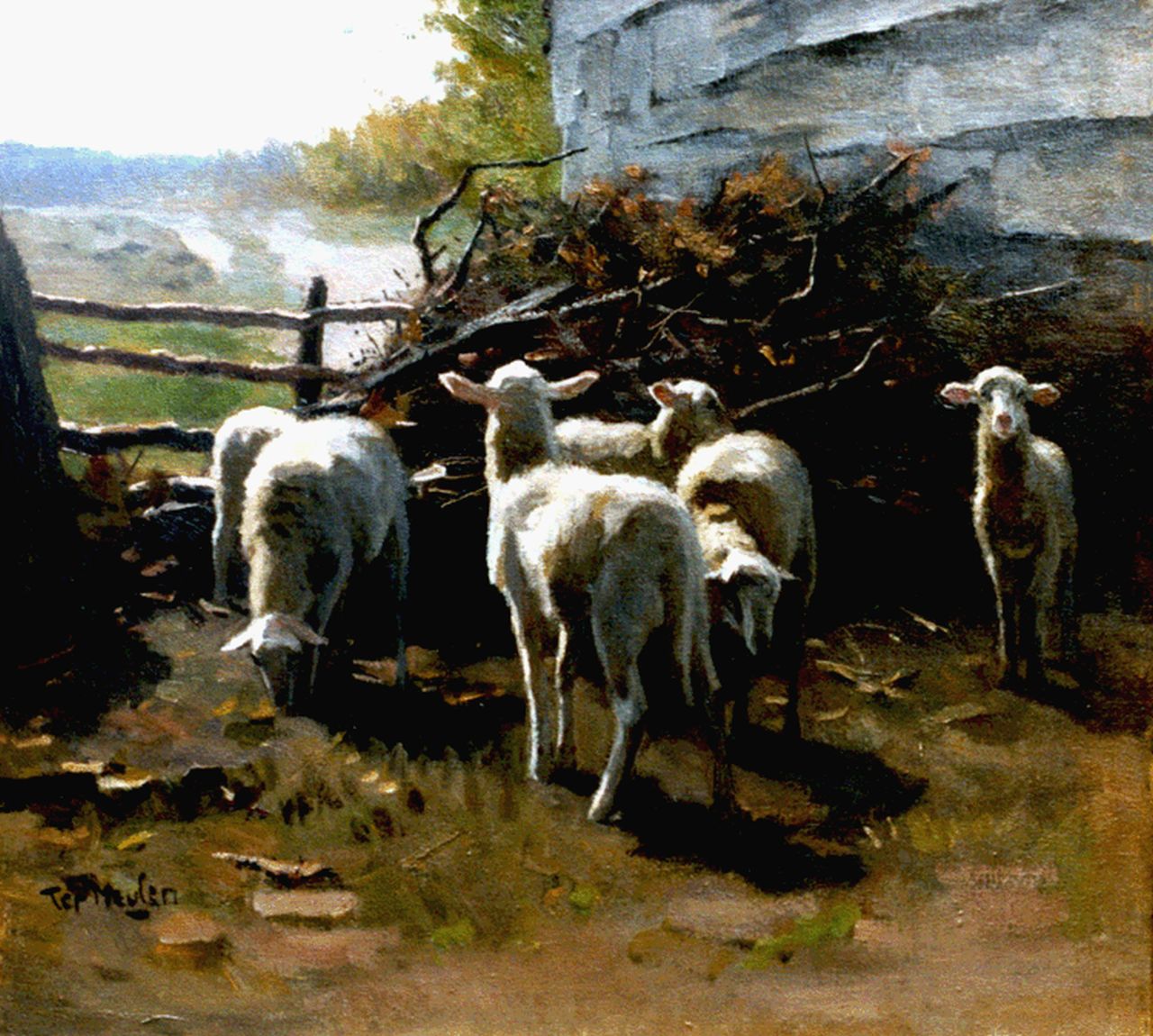 Meulen F.P. ter | François Pieter ter Meulen, Lammeren bij een schuur, olieverf op doek 43,4 x 47,7 cm, gesigneerd linksonder