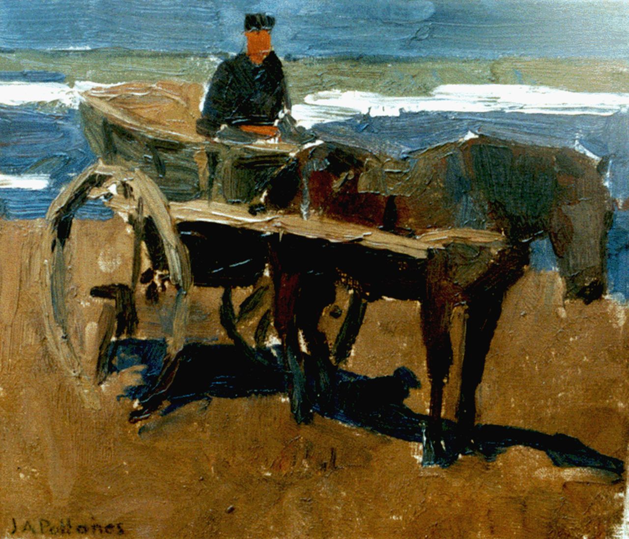 Pollones J.A. | Jean Albert Pollones, Strandgezicht met paard en wagen, olieverf op doek 27,4 x 31,4 cm, gesigneerd linksonder Pollones J.A. | Jean Albert Pollones, Strandgezicht met paard en wagen, olieverf op doek 27,4 x 31,4 cm, gesigneerd linksonder