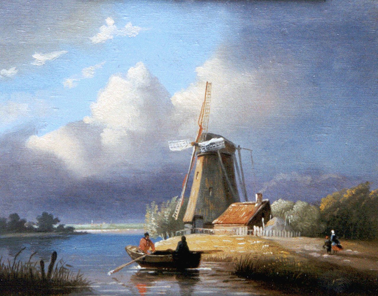 Immerzeel C. | Christiaan Immerzeel, Hollands landschap met roeiers bij een molen, olieverf op paneel 20,7 x 24,8 cm, gesigneerd linksonder Immerzeel C. | Christiaan Immerzeel, Hollands landschap met roeiers bij een molen, olieverf op paneel 20,7 x 24,8 cm, gesigneerd linksonder