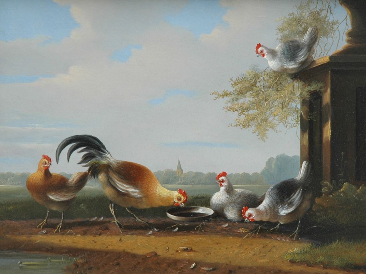 Verhoesen A. | Albertus Verhoesen, Kippen bij een sokkel met tuinvaas, olieverf op paneel 24,3 x 31,3 cm, gesigneerd linksonder en gedateerd 1850 Verhoesen A. | Albertus Verhoesen, Kippen bij een sokkel met tuinvaas, olieverf op paneel 24,3 x 31,3 cm, gesigneerd linksonder en gedateerd 1850