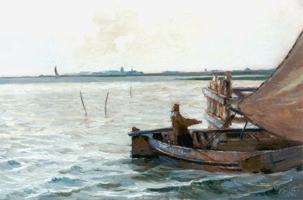 Schotel A.P. | Anthonie Pieter Schotel, Platbodem op het IJsselmeer, olieverf op doek 32,5 x 48,5 cm, gesigneerd rechtsonder en gedateerd '26 Schotel A.P. | Anthonie Pieter Schotel, Platbodem op het IJsselmeer, olieverf op doek 32,5 x 48,5 cm, gesigneerd rechtsonder en gedateerd '26