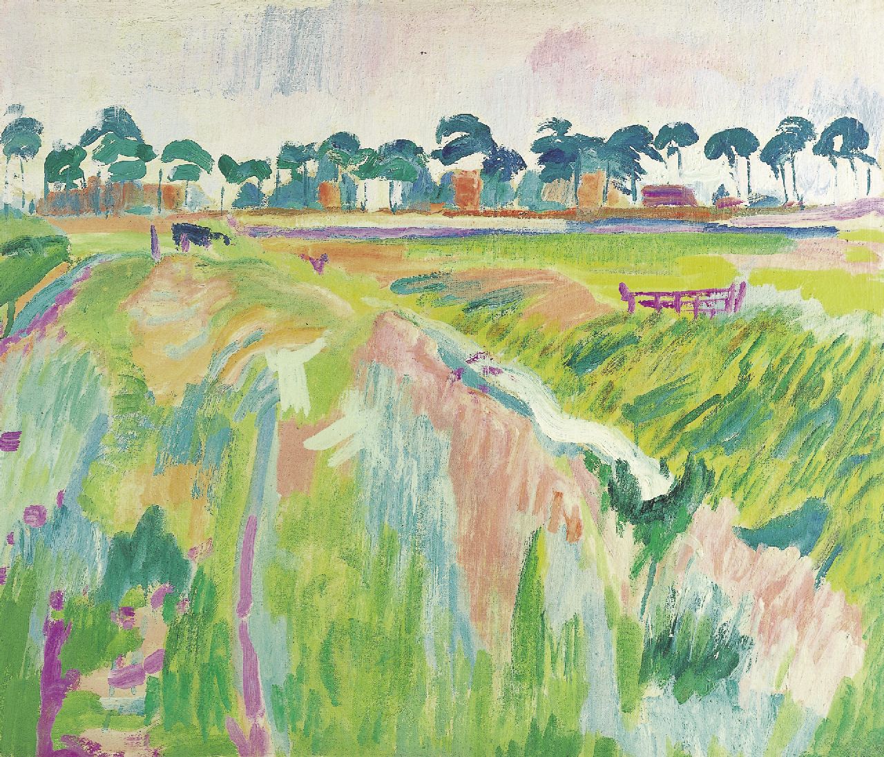 Altink J. | Jan Altink, Groninger boerenlandschap, recto en verso, wasverf op doek 51,5 x 60,2 cm, te dateren 1926 Altink J. | Jan Altink, Groninger boerenlandschap, recto en verso, wasverf op doek 51,5 x 60,2 cm, te dateren 1926