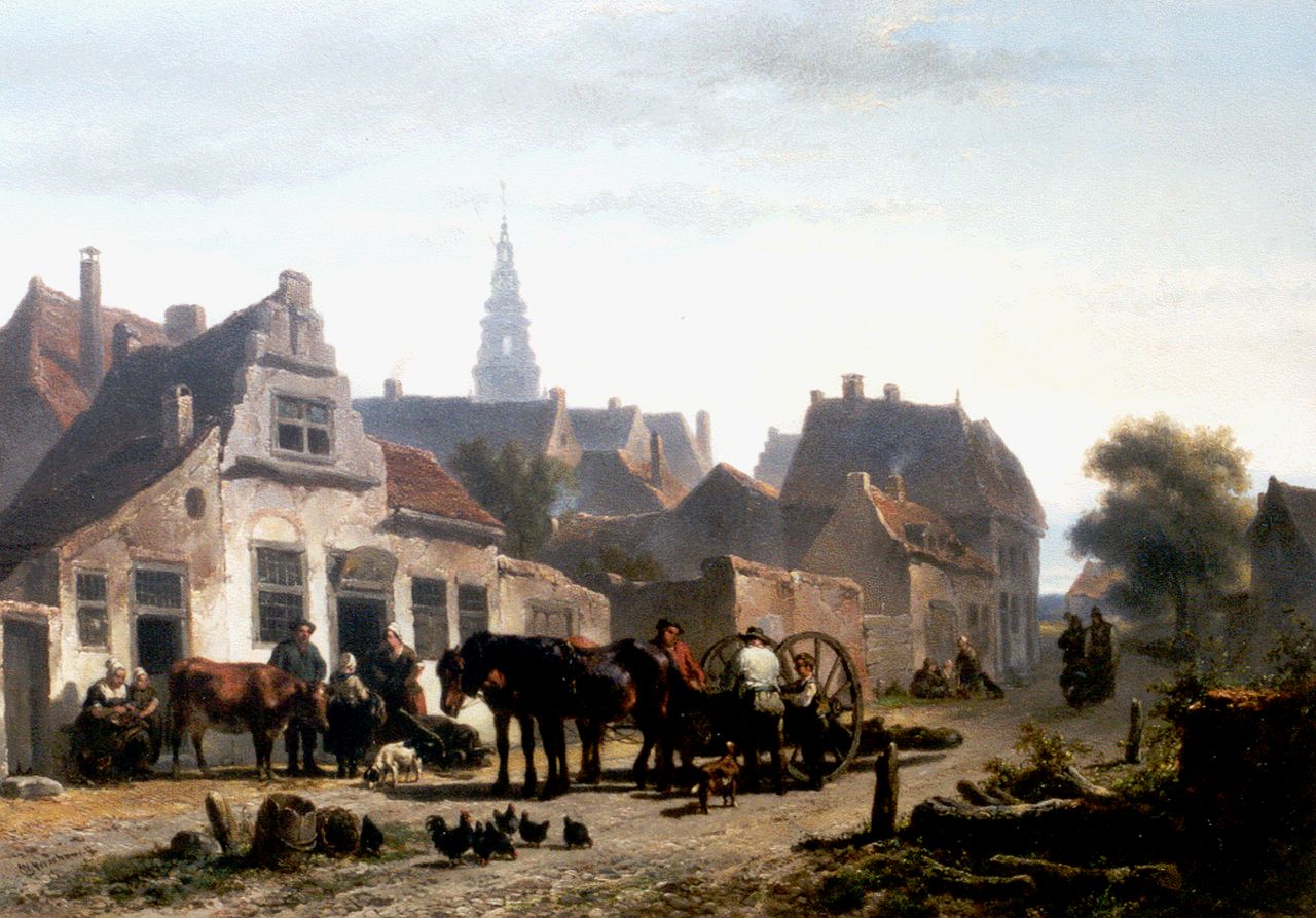Verschuur W.  | Wouterus Verschuur, Hollands dorpsgezicht met boerenvolk en mallejan, olieverf op paneel 37,0 x 53,3 cm, gesigneerd linksonder