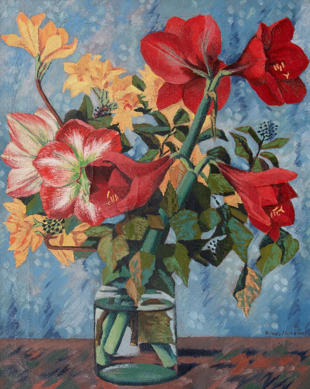 Hunziker F. | Frieda Hunziker, Bloemstilleven, olieverf op doek 75,6 x 60,5 cm, gesigneerd rechtsonder en te dateren ca. 1943 Hunziker F. | Frieda Hunziker, Bloemstilleven, olieverf op doek 75,6 x 60,5 cm, gesigneerd rechtsonder en te dateren ca. 1943