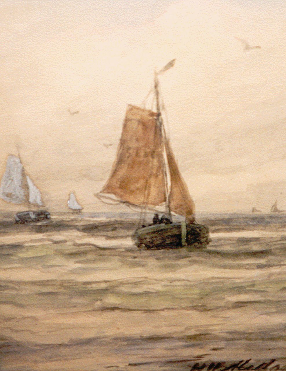 Mesdag H.W. | Hendrik Willem Mesdag, Bomschuiten op volle zee, aquarel op papier 18,3 x 13,0 cm, gesigneerd rechtsonder Mesdag H.W. | Hendrik Willem Mesdag, Bomschuiten op volle zee, aquarel op papier 18,3 x 13,0 cm, gesigneerd rechtsonder