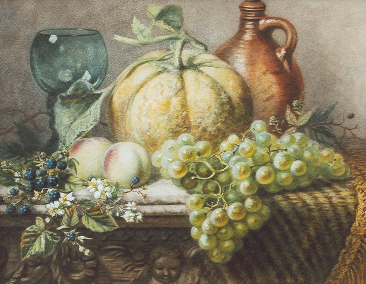 Haas C.P.H. van der | Charlotte Petronella 'Hermina' van der Haas, Stilleven met fruit en een roemer, aquarel op papier 39,1 x 48,8 cm, gesigneerd rechtsonder Haas C.P.H. van der | Charlotte Petronella 'Hermina' van der Haas, Stilleven met fruit en een roemer, aquarel op papier 39,1 x 48,8 cm, gesigneerd rechtsonder