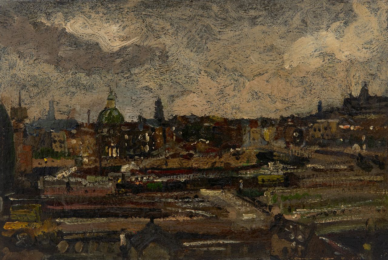 Fritzlin M.C.L. | Maria Charlotta 'Louise' Fritzlin, Gezicht op Amsterdam met het spoorwegemplacement v/h CS, olieverf op paneel 20,6 x 29,5 cm, zonder lijst Fritzlin M.C.L. | Maria Charlotta 'Louise' Fritzlin, Gezicht op Amsterdam met het spoorwegemplacement v/h CS, olieverf op paneel 20,6 x 29,5 cm, zonder lijst
