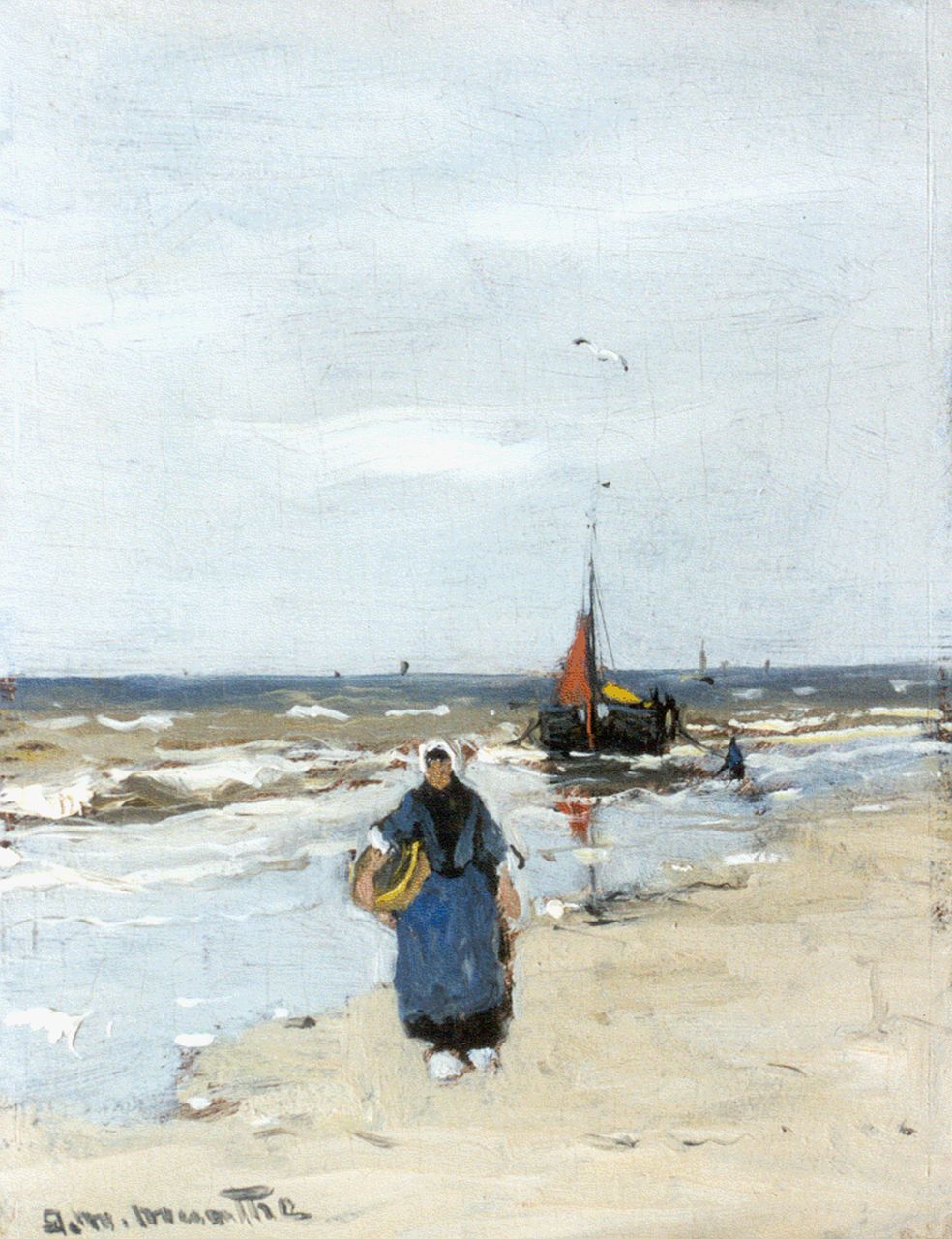 Munthe G.A.L. | Gerhard Arij Ludwig 'Morgenstjerne' Munthe, Vissersvrouw op het strand van Katwijk, olieverf op schilderskarton 21,0 x 16,0 cm, gesigneerd linksonder Munthe G.A.L. | Gerhard Arij Ludwig 'Morgenstjerne' Munthe, Vissersvrouw op het strand van Katwijk, olieverf op schilderskarton 21,0 x 16,0 cm, gesigneerd linksonder