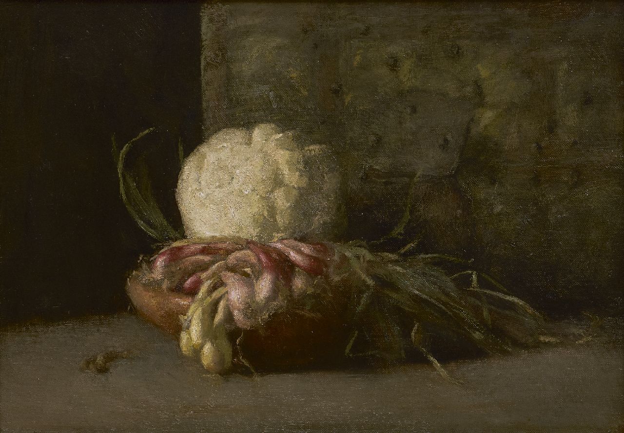 Rueter G.  | Gerarda Rueter | Schilderijen te koop aangeboden | Stilleven met bloemkool en sjalotten, olieverf op doek 32,0 x 46,0 cm, zonder lijst