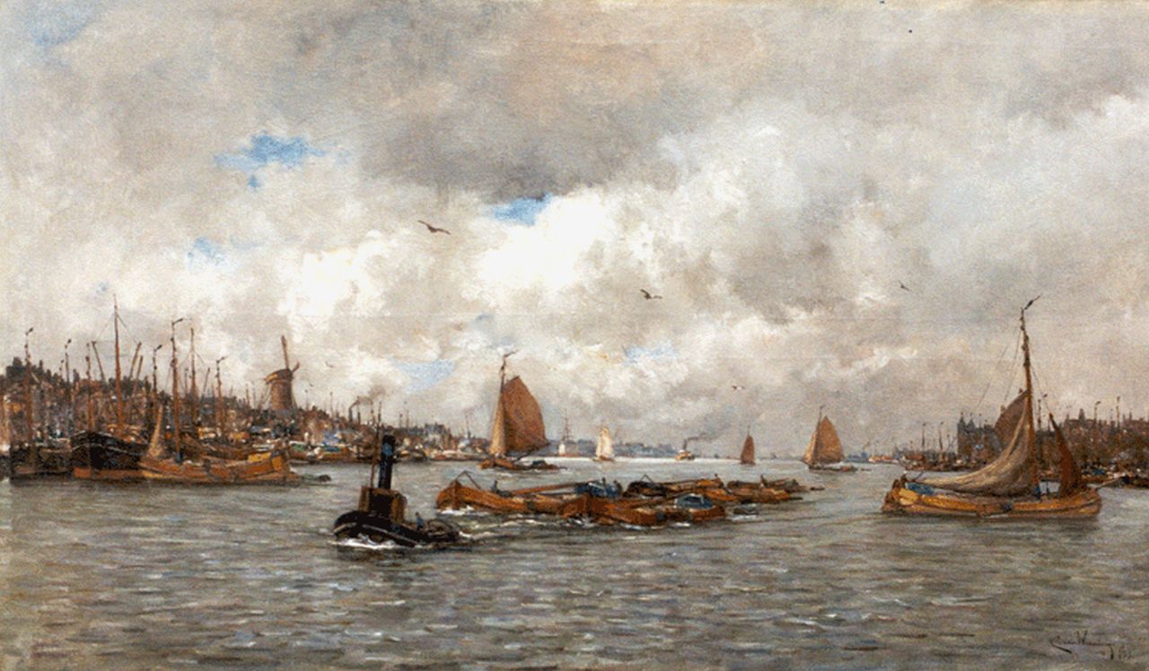 Waning C.A. van | Cornelis Anthonij 'Kees' van Waning, Bedrijvigheid op de Maas bij Rotterdam, olieverf op doek 83,3 x 143,6 cm, gesigneerd rechtsonder en gedateerd 1919