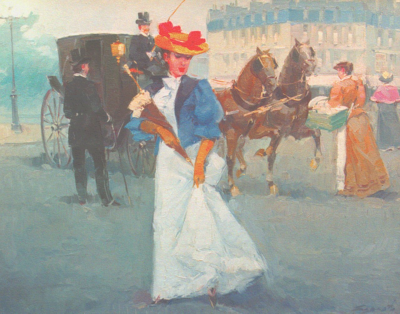 Sagasta | Sagasta, Elegante dame en koets in de stad, olieverf op paneel 33,0 x 41,0 cm, gesigneerd rechtsonder Sagasta | Sagasta, Elegante dame en koets in de stad, olieverf op paneel 33,0 x 41,0 cm, gesigneerd rechtsonder