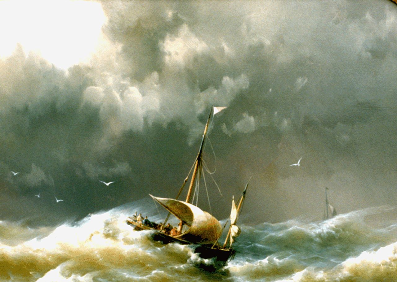 Koekkoek jr. H. | Hermanus Koekkoek jr., Zeilboten op ruwe zee, olieverf op paneel 30,7 x 44,5 cm, gesigneerd rechtsonder en gedateerd 1862 Koekkoek jr. H. | Hermanus Koekkoek jr., Zeilboten op ruwe zee, olieverf op paneel 30,7 x 44,5 cm, gesigneerd rechtsonder en gedateerd 1862