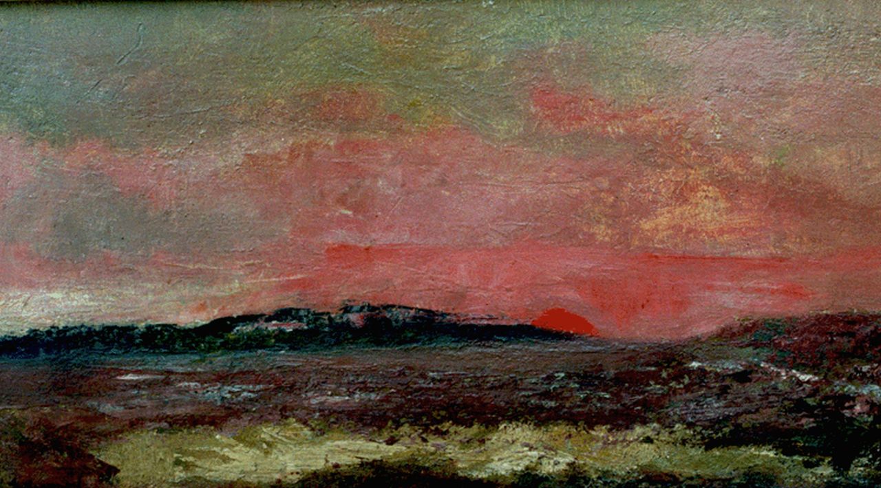 Naarden I. | Isaäc Naarden, Duinlandschap bij zonsondergang, olieverf op paneel 25,0 x 45,0 cm, gesigneerd linksonder Naarden I. | Isaäc Naarden, Duinlandschap bij zonsondergang, olieverf op paneel 25,0 x 45,0 cm, gesigneerd linksonder