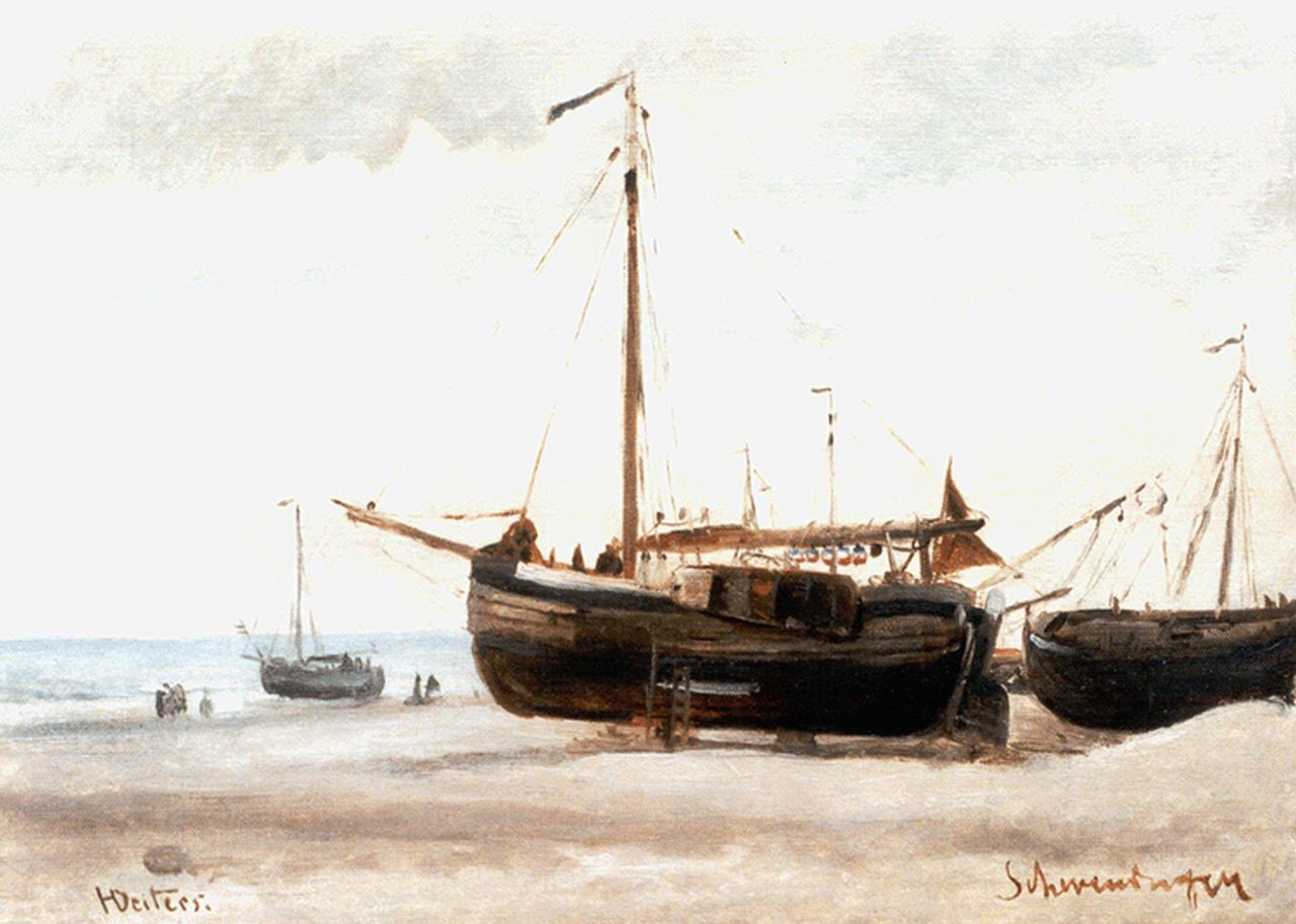 Deiters H. | Heinrich Deiters, Botters op het strand van Scheveningen, olieverf op schildersboard op paneel 30,0 x 41,0 cm, gesigneerd linksonder Deiters H. | Heinrich Deiters, Botters op het strand van Scheveningen, olieverf op schildersboard op paneel 30,0 x 41,0 cm, gesigneerd linksonder