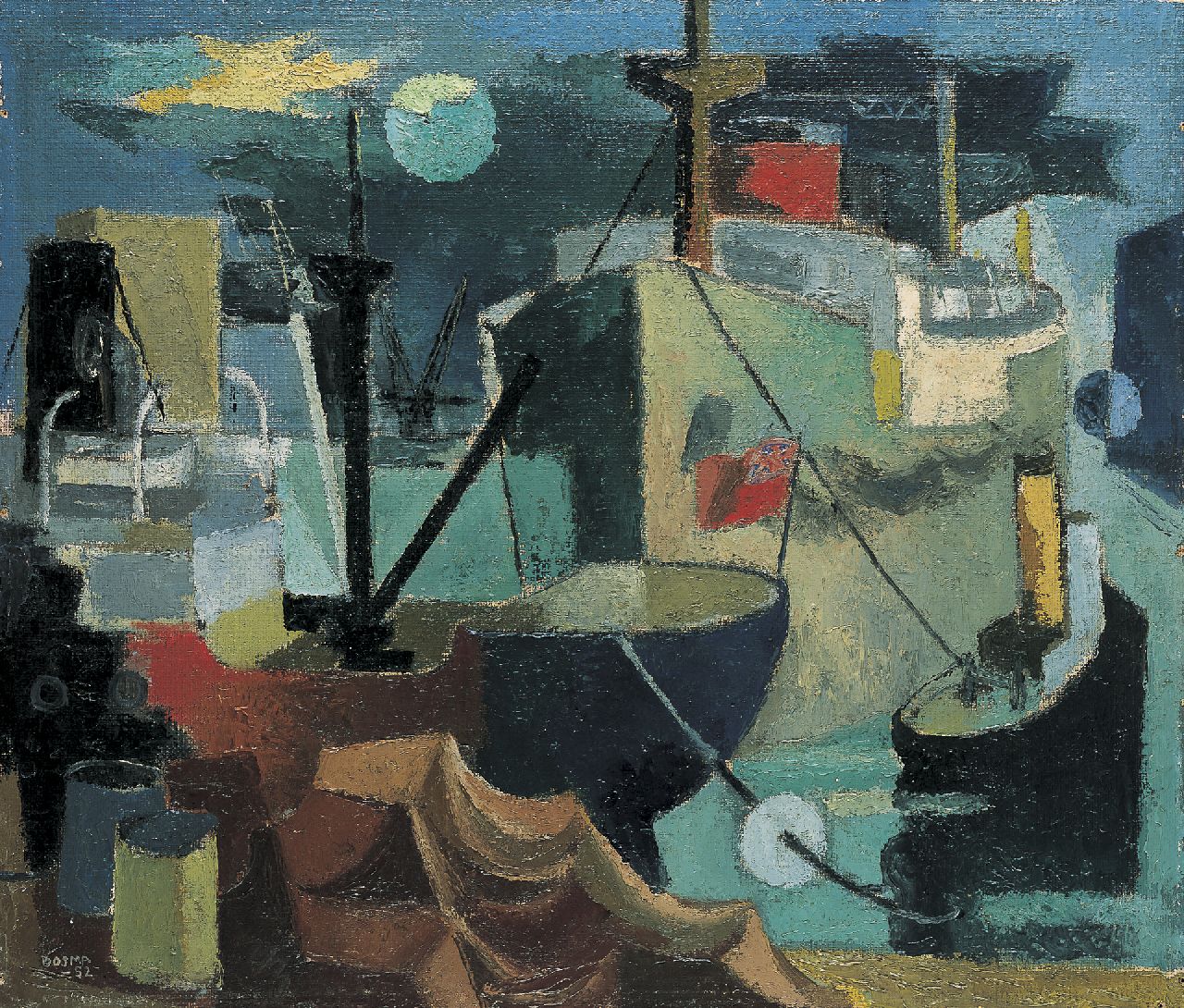 Bosma W. | Willem 'Wim' Bosma, Havenbeeld no. 3, olieverf op doek op schildersboard 55,3 x 64,8 cm, gesigneerd linksonder en gedateerd '52 Bosma W. | Willem 'Wim' Bosma, Havenbeeld no. 3, olieverf op doek op schildersboard 55,3 x 64,8 cm, gesigneerd linksonder en gedateerd '52
