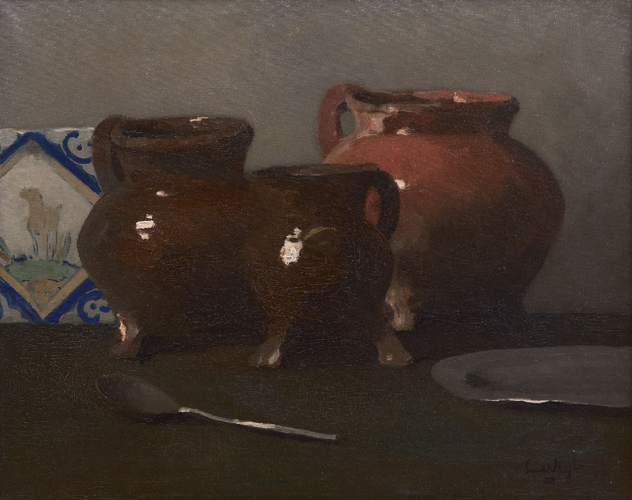 Vlist L. van der | Leendert van der Vlist | Schilderijen te koop aangeboden | Stilleven met loodglazuur potten, olieverf op doek 40,2 x 50,2 cm, gesigneerd rechtsonder Vlist L. van der | Leendert van der Vlist | Schilderijen te koop aangeboden | Stilleven met loodglazuur potten, olieverf op doek 40,2 x 50,2 cm, gesigneerd rechtsonder