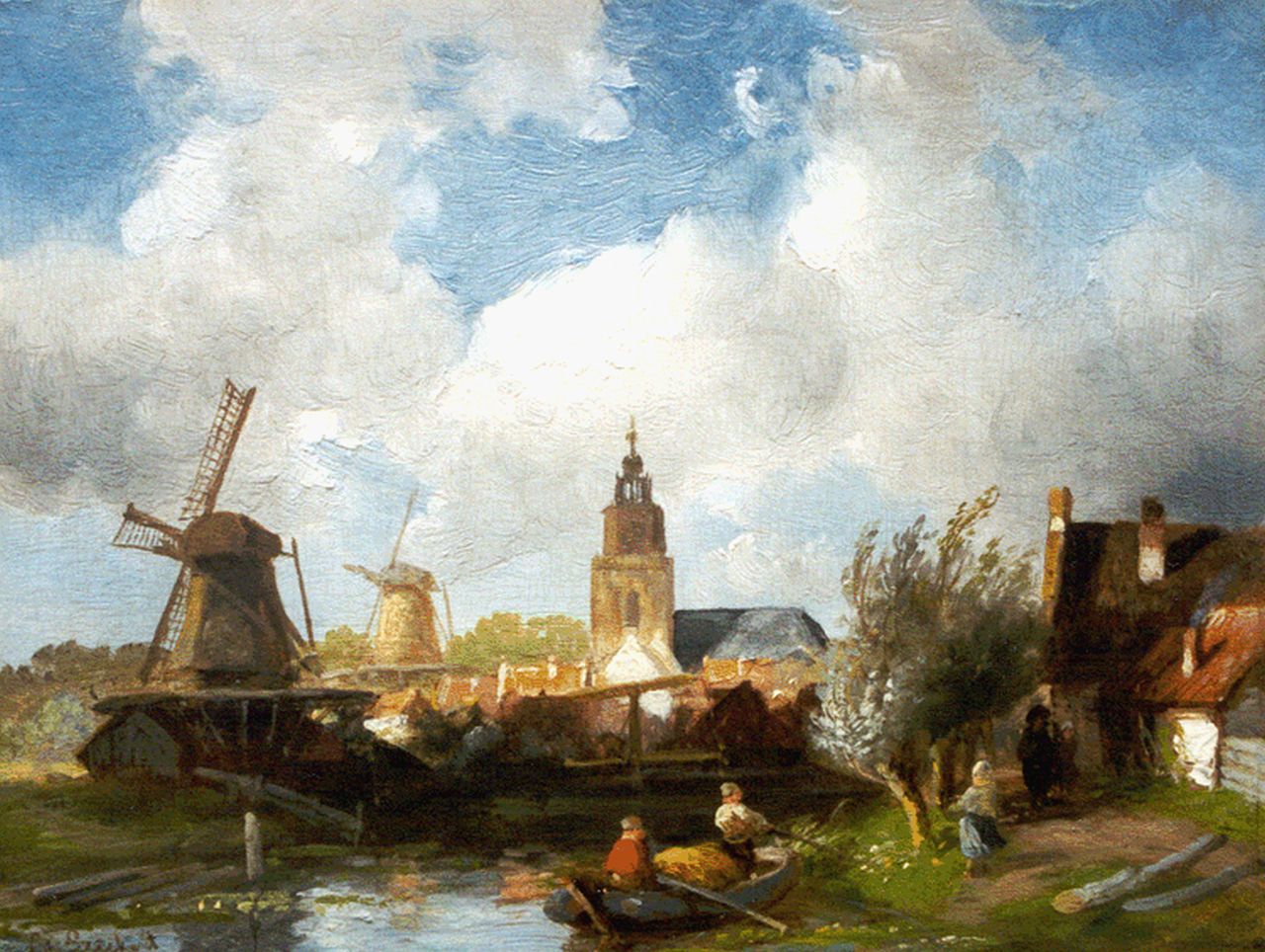Leickert C.H.J.  | 'Charles' Henri Joseph Leickert, Dorpsgezicht met molens en een riviertje, olieverf op paneel 19,0 x 24,7 cm, gesigneerd linksonder