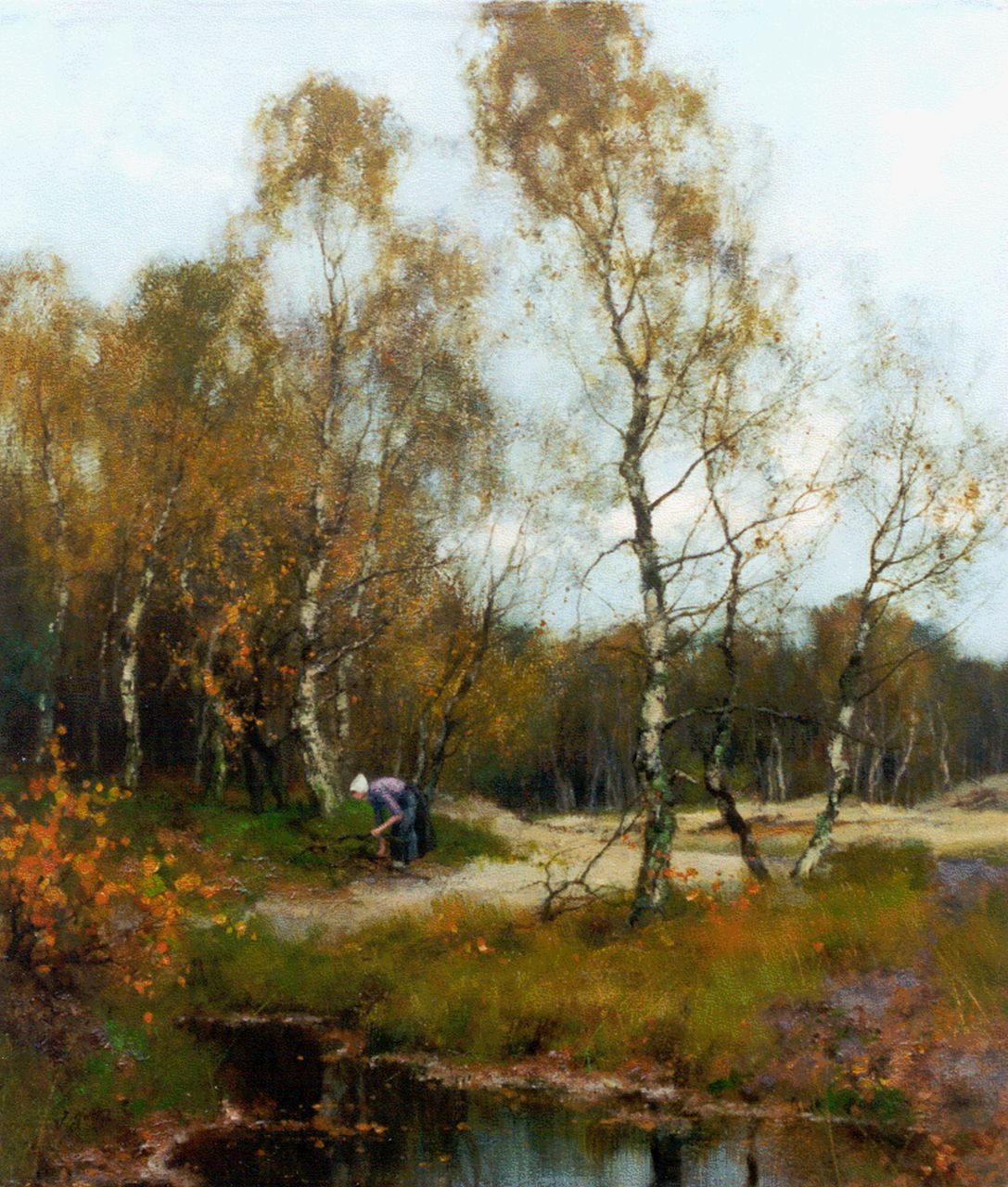 Holtrup J.  | Jan Holtrup, Berken met sprokkelend vrouwtje, olieverf op doek 40,2 x 34,8 cm, gesigneerd linksonder