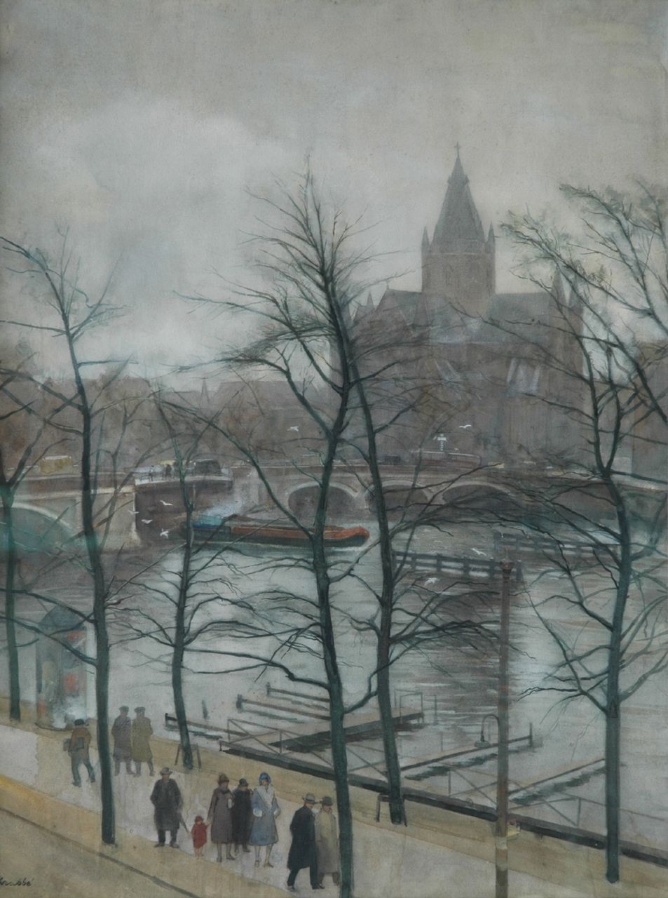 Krabbé H.M.  | Heinrich Martin Krabbé, Gezicht op de Amstel met de St. Willibrord, Amsterdam, aquarel op papier 88,5 x 67,0 cm, gesigneerd linksonder