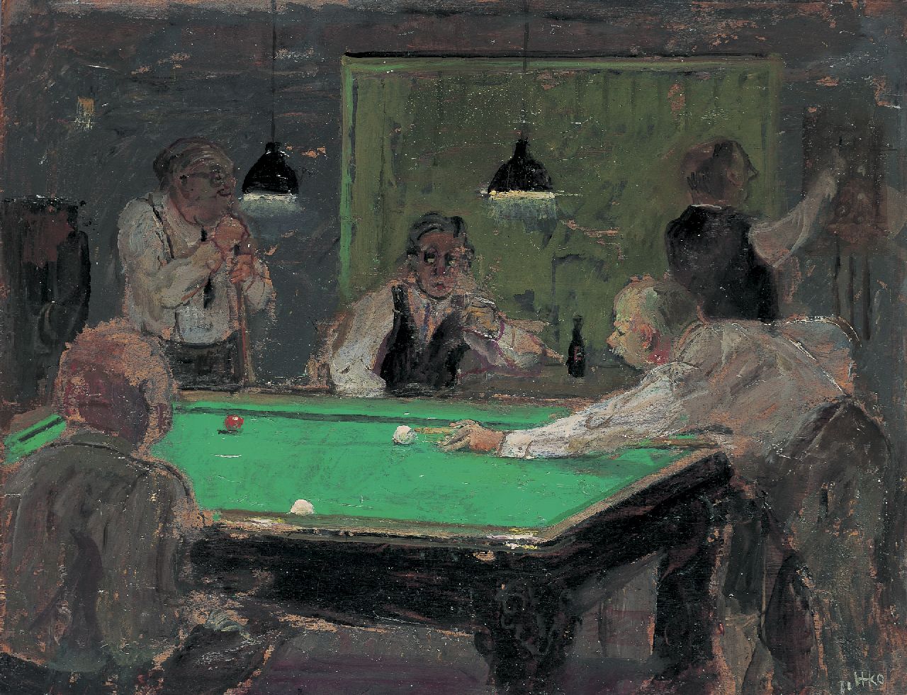 Kamerlingh Onnes H.H.  | 'Harm' Henrick Kamerlingh Onnes, Bij het biljart in het café, 33,2 x 42,2 cm, gesigneerd rechtsonder met mon en gedateerd '71