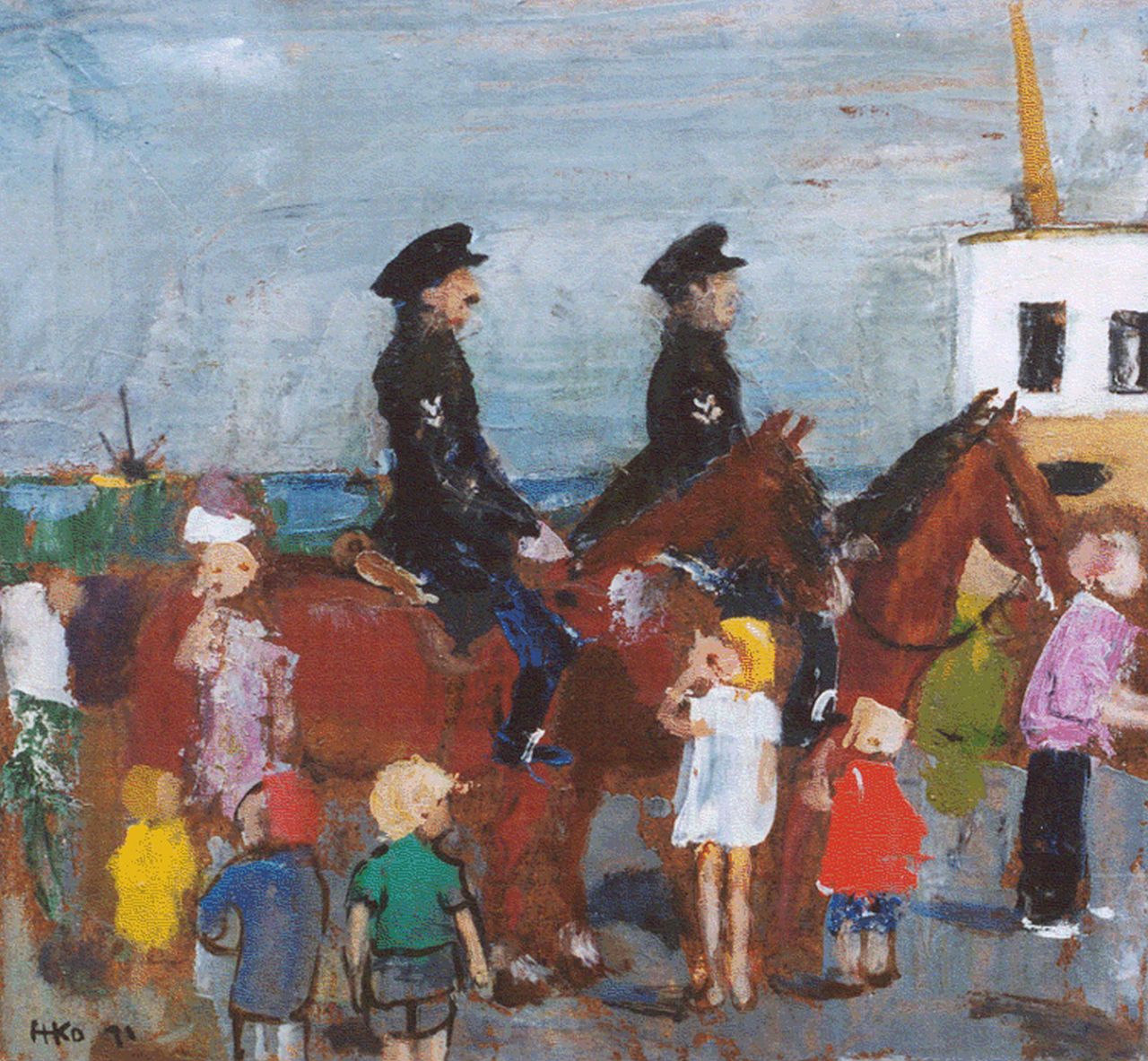 Kamerlingh Onnes H.H. | 'Harm' Henrick Kamerlingh Onnes, Politie te paard met kinderen, 25,8 x 27,4 cm, gesigneerd linksonder met monogram en gedateerd '71 Kamerlingh Onnes H.H. | 'Harm' Henrick Kamerlingh Onnes, Politie te paard met kinderen, 25,8 x 27,4 cm, gesigneerd linksonder met monogram en gedateerd '71