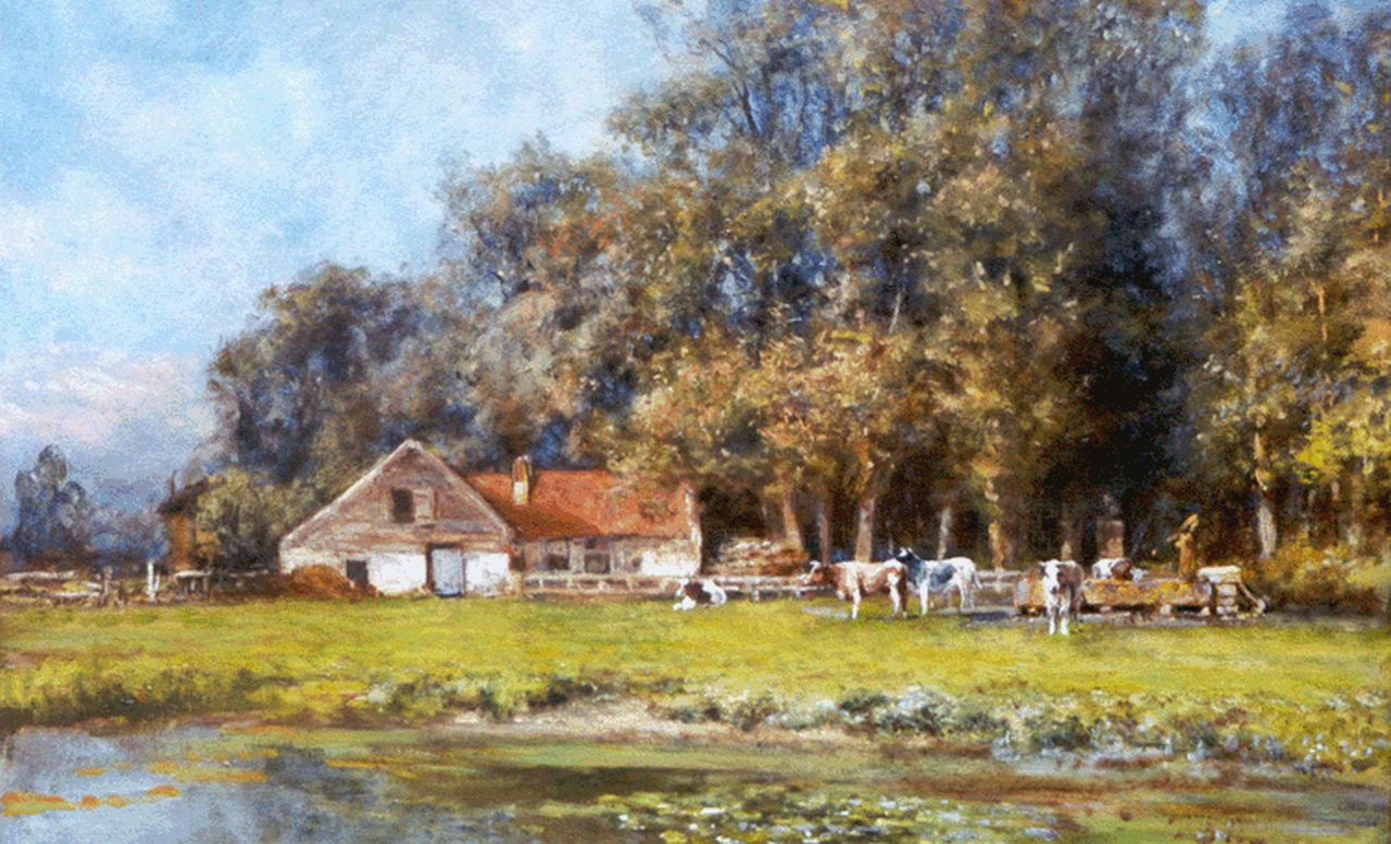 Schipperus P.A. | Pieter Adrianus 'Piet' Schipperus, Vee bij een boerderij, 45,7 x 71,0 cm, gesigneerd rechtsonder Schipperus P.A. | Pieter Adrianus 'Piet' Schipperus, Vee bij een boerderij, 45,7 x 71,0 cm, gesigneerd rechtsonder