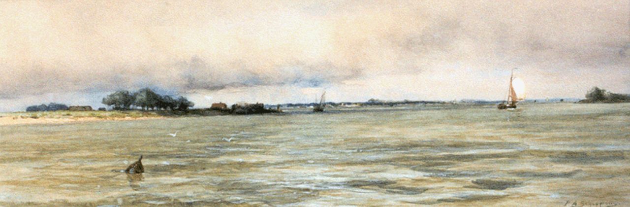 Schipperus P.A. | Pieter Adrianus 'Piet' Schipperus, Zeilschepen op de rivier, aquarel op papier 28,0 x 76,5 cm, gesigneerd rechtsonder Schipperus P.A. | Pieter Adrianus 'Piet' Schipperus, Zeilschepen op de rivier, aquarel op papier 28,0 x 76,5 cm, gesigneerd rechtsonder