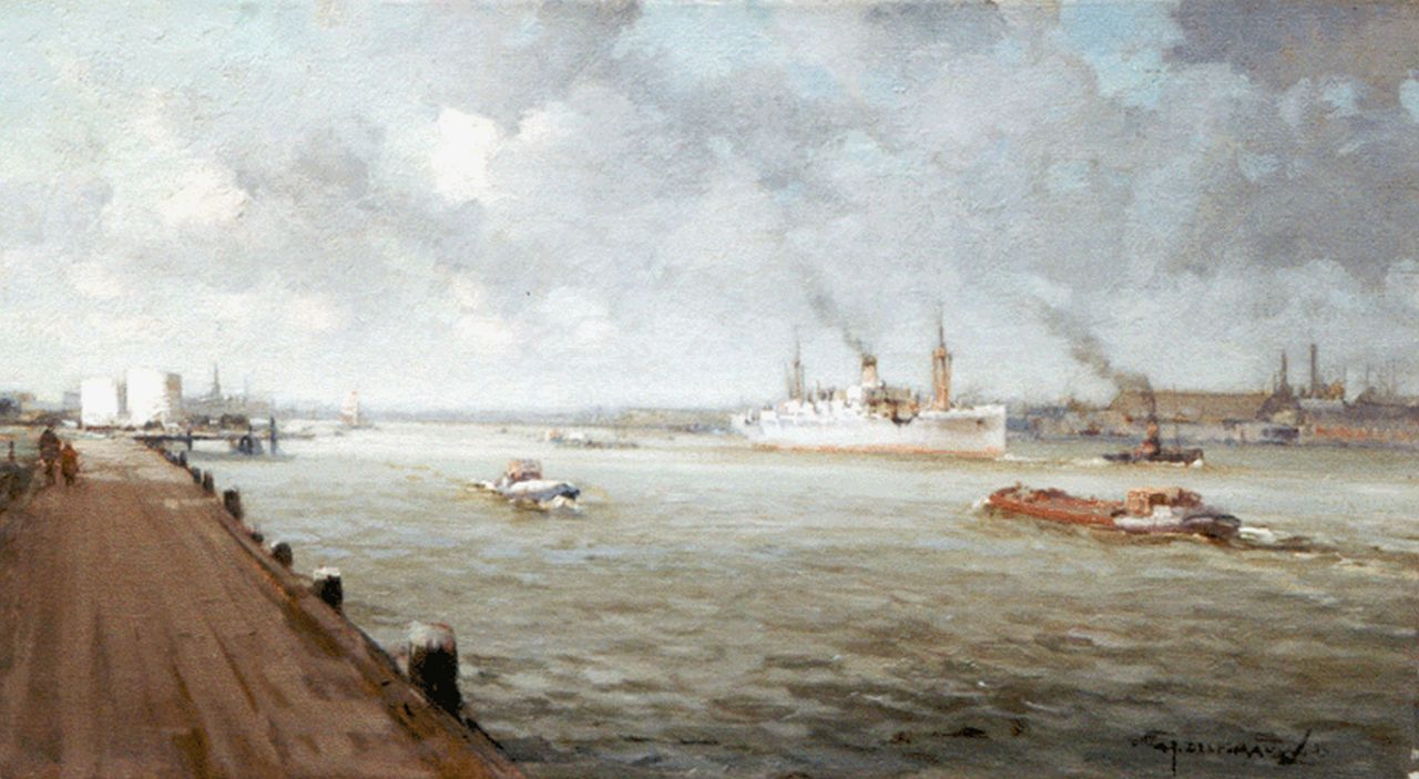 Delfgaauw G.J.  | Gerardus Johannes 'Gerard' Delfgaauw, Gezicht op de Nieuwe Maas, Rotterdam, olieverf op doek 25,3 x 45,2 cm, gesigneerd rechtsonder en gedateerd '38