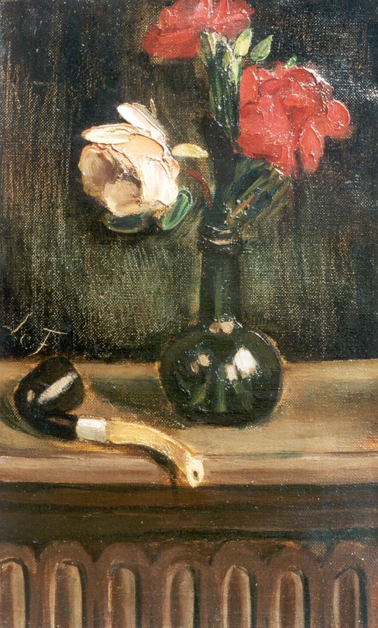 Fauconnier H.V.G. Le | 'Henri' Victor Gabriel Le Fauconnier, Stilleven met bloemen en pijp, olieverf op doek 51,2 x 30,7 cm, gesigneerd links van het midden met initialen Fauconnier H.V.G. Le | 'Henri' Victor Gabriel Le Fauconnier, Stilleven met bloemen en pijp, olieverf op doek 51,2 x 30,7 cm, gesigneerd links van het midden met initialen
