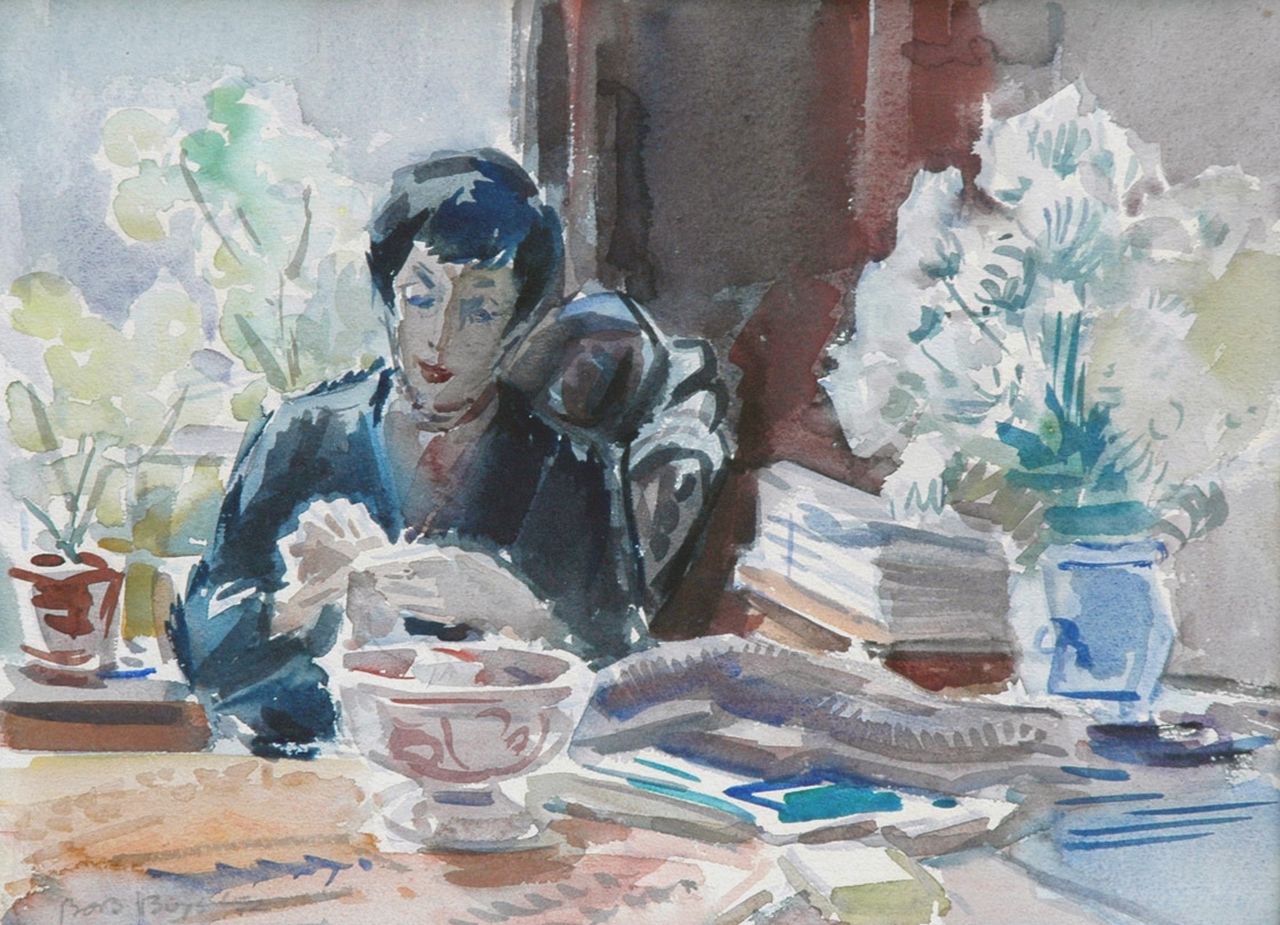 Buijs B. | Barthold 'Bob' Buijs, Interieur met de hoedenmaakster Mies Sanders, aquarel op papier 27,5 x 37,3 cm, gesigneerd linksonder en gedateerd '52 Buijs B. | Barthold 'Bob' Buijs, Interieur met de hoedenmaakster Mies Sanders, aquarel op papier 27,5 x 37,3 cm, gesigneerd linksonder en gedateerd '52
