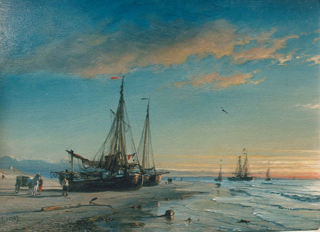 Schiedges P.P.  | Petrus Paulus Schiedges, Boten op het strand, olieverf op paneel 20,7 x 28,0 cm, gesigneerd linksonder en gedateerd 1809
