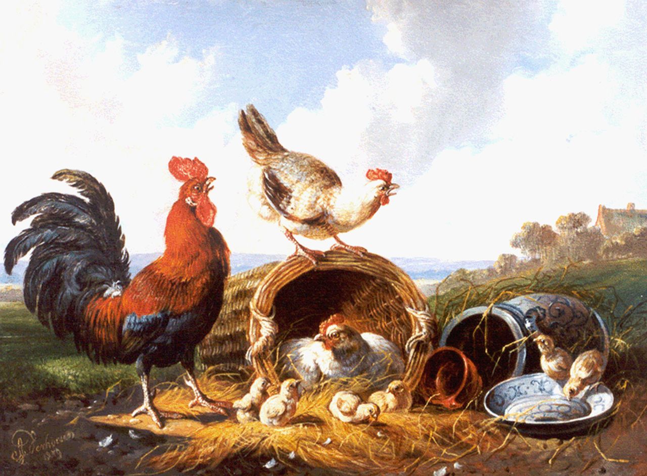 Verhoesen A. | Albertus Verhoesen, Pluimvee in mand en Keulse pot in landschap, olieverf op paneel 17,9 x 24,1 cm, gesigneerd linksonder en gedateerd 1879 Verhoesen A. | Albertus Verhoesen, Pluimvee in mand en Keulse pot in landschap, olieverf op paneel 17,9 x 24,1 cm, gesigneerd linksonder en gedateerd 1879