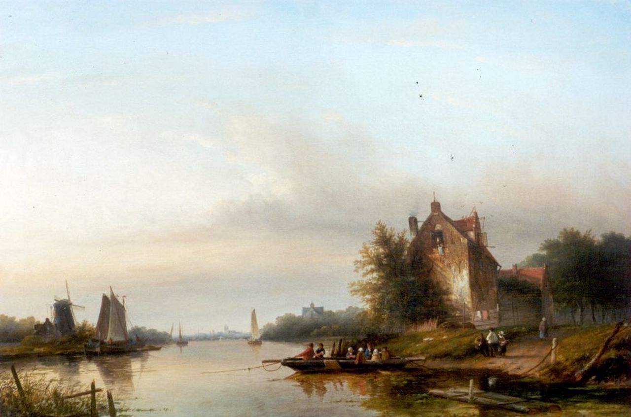 Spohler J.J.C.  | Jacob Jan Coenraad Spohler, Rivierlandschap met voetveer, olieverf op doek 65,0 x 93,2 cm, gesigneerd rechtsonder
