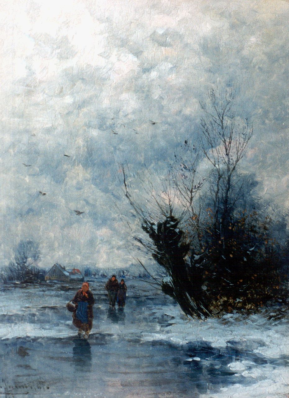 Jungblut J. | Johann Jungblut, Figuren op het ijs in Hollands winterlandschap, olieverf op paneel 23,9 x 18,0 cm, gesigneerd linksonder Jungblut J. | Johann Jungblut, Figuren op het ijs in Hollands winterlandschap, olieverf op paneel 23,9 x 18,0 cm, gesigneerd linksonder