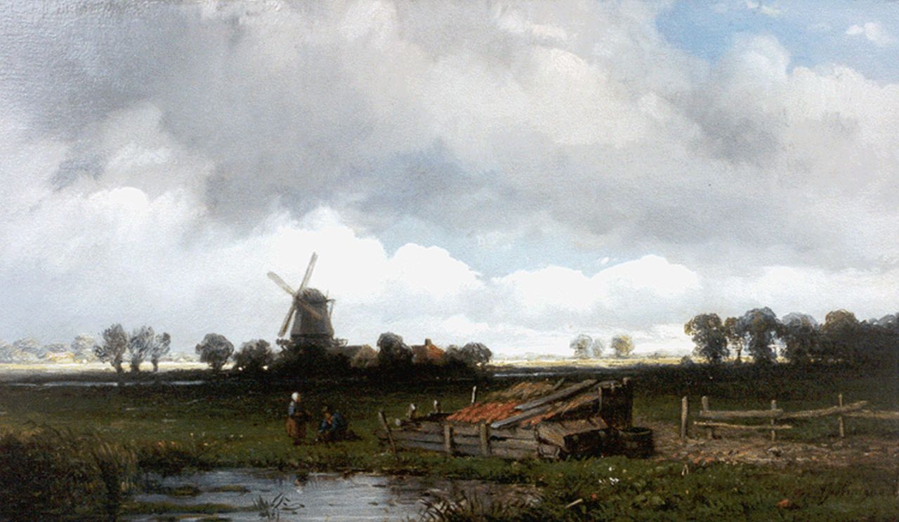 Wijngaerdt A.J. van | Anthonie Jacobus van Wijngaerdt, Landschap met molen, olieverf op paneel 15,5 x 26,4 cm, gesigneerd rechtsonder Wijngaerdt A.J. van | Anthonie Jacobus van Wijngaerdt, Landschap met molen, olieverf op paneel 15,5 x 26,4 cm, gesigneerd rechtsonder