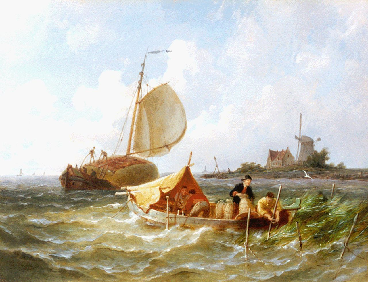 Dommershuijzen P.C.  | Pieter Cornelis Dommershuijzen, Kreeftenvissers en hooischuiten op de Zuiderzee, olieverf op paneel 19,4 x 25,4 cm, gesigneerd linksonder met initialen en gedateerd '87