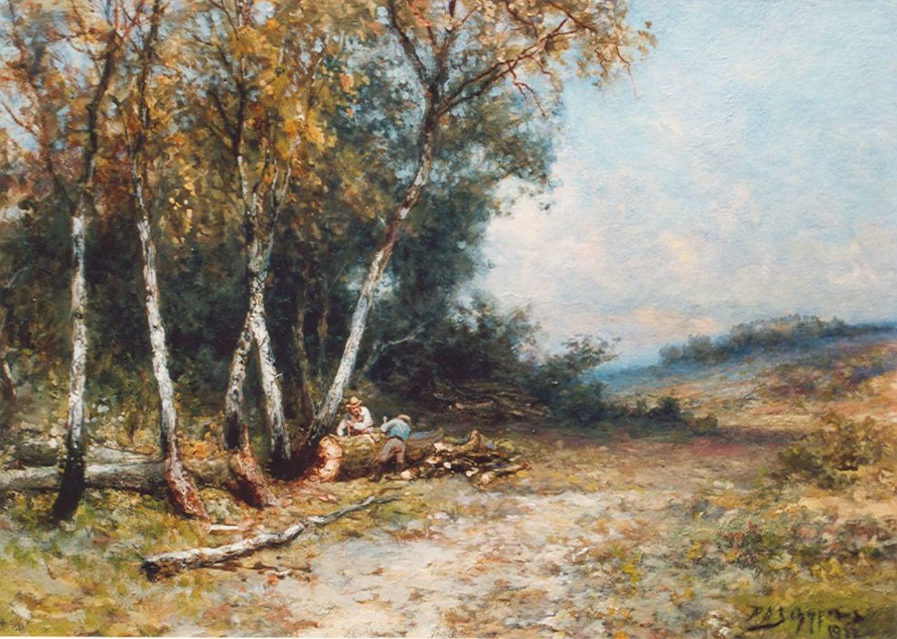 Schipperus P.A. | Pieter Adrianus 'Piet' Schipperus, Houthakkers aan de bosrand, 42,3 x 60,0 cm, gesigneerd rechtsonder en gedateerd 1922 Schipperus P.A. | Pieter Adrianus 'Piet' Schipperus, Houthakkers aan de bosrand, 42,3 x 60,0 cm, gesigneerd rechtsonder en gedateerd 1922